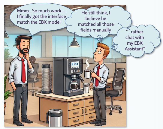 Office scene with EBX Assistant conversation